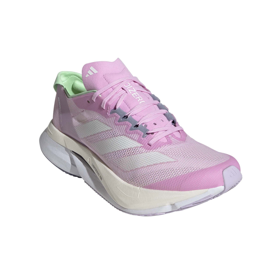 Lateral side of the right shoe from a pair of adidas Women's Boston 12 Running Shoes in the Bliss Lilac/Zero Met./Semi Green Spark colourway (8115792609442)