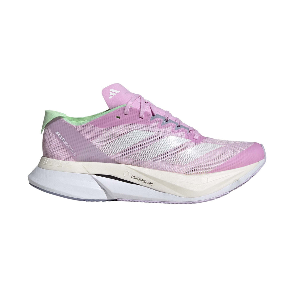 Lateral side of the right shoe from a pair of adidas Women's Boston 12 Running Shoes in the Bliss Lilac/Zero Met./Semi Green Spark colourway (8115792609442)