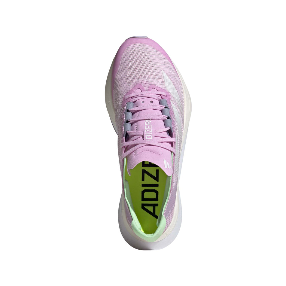 The upper on the right shoe from a pair of adidas Women's Boston 12 Running Shoes in the Bliss Lilac/Zero Met./Semi Green Spark colourway (8115792609442)