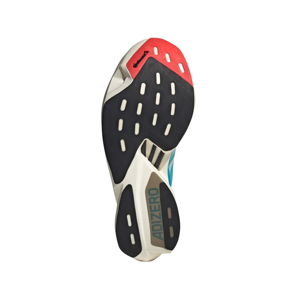 Outsole of the right shoe from a pair of adidas Unisex adizero Adios Pro 3 Running Shoes in the Lucid Cyan/Cloud White/Bright Red colourway (8033809367202)