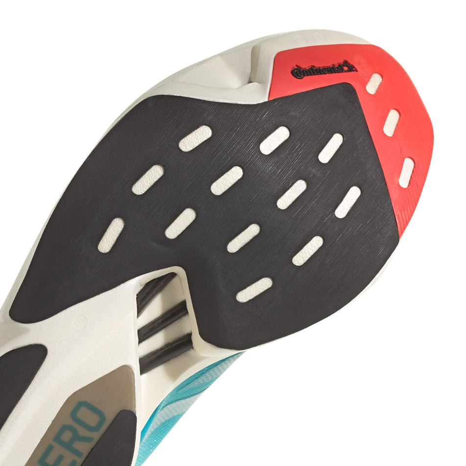 Front two-thirds of the outsole of the right shoe from a pair of adidas Unisex adizero Adios Pro 3 Running Shoes in the Lucid Cyan/Cloud White/Bright Red colourway (8033809367202)