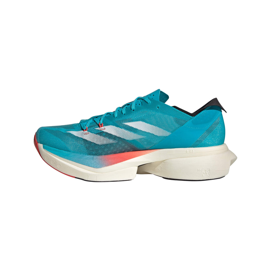 Medial side of the right shoe from a pair of adidas Unisex adizero Adios Pro 3 Running Shoes in the Lucid Cyan/Cloud White/Bright Red colourway (8033809367202)