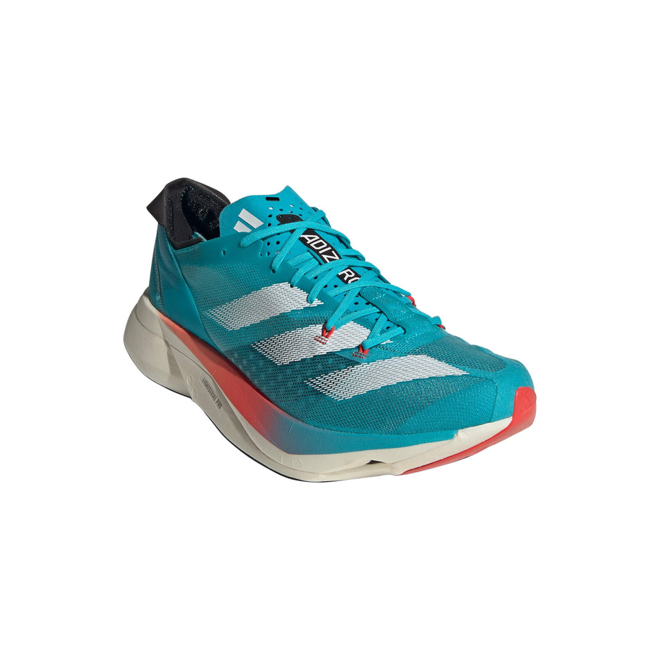 Lateral side of the right shoe from a pair of adidas Unisex adizero Adios Pro 3 Running Shoes in the Lucid Cyan/Cloud White/Bright Red colourway (8033809367202)