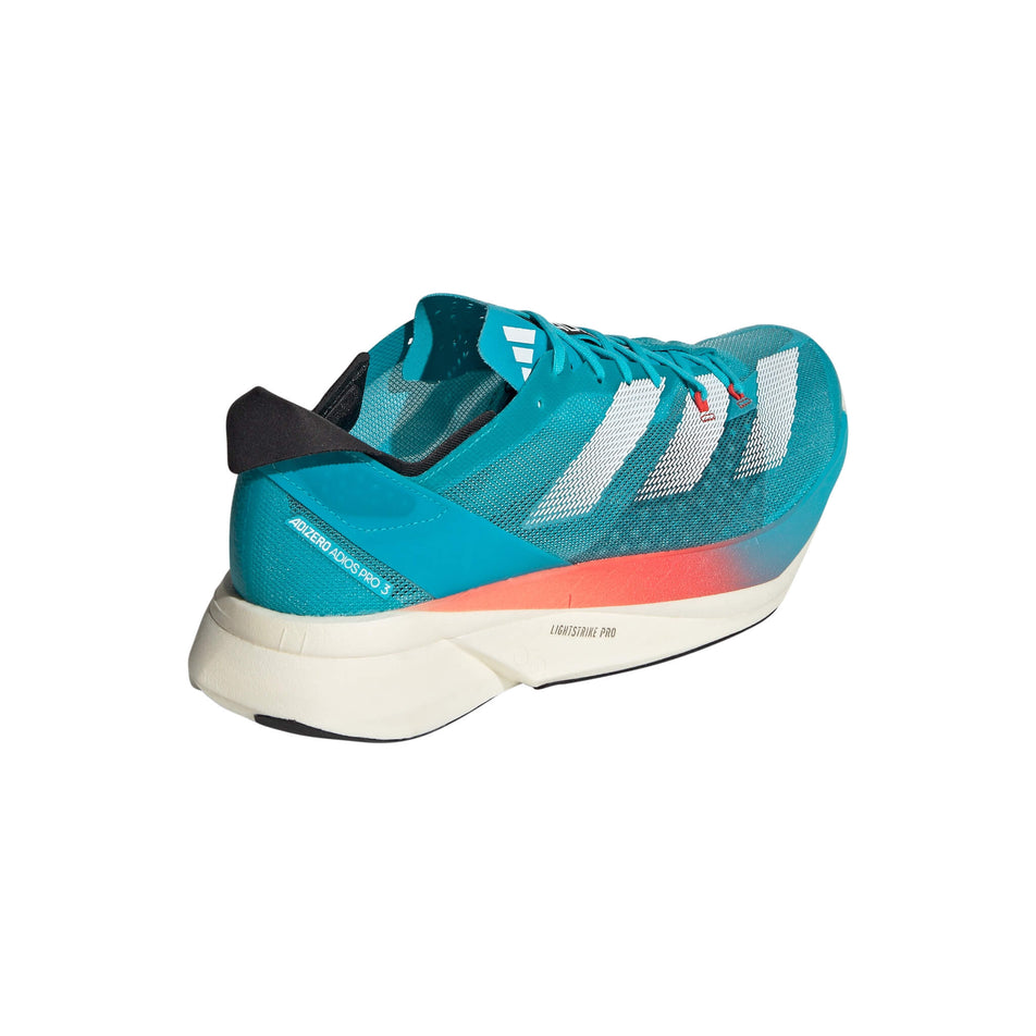 Lateral side of the right shoe from a pair of adidas Unisex adizero Adios Pro 3 Running Shoes in the Lucid Cyan/Cloud White/Bright Red colourway (8033809367202)