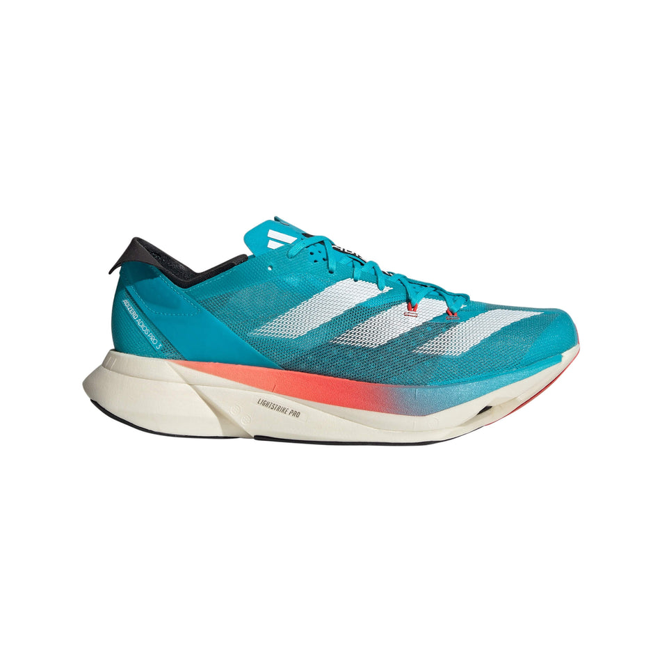 Lateral side of the right shoe from a pair of adidas Unisex adizero Adios Pro 3 Running Shoes in the Lucid Cyan/Cloud White/Bright Red colourway (8033809367202)