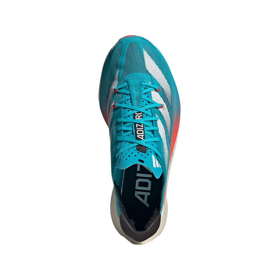 Upper of the right shoe from a pair of adidas Unisex adizero Adios Pro 3 Running Shoes in the Lucid Cyan/Cloud White/Bright Red colourway (8033809367202)