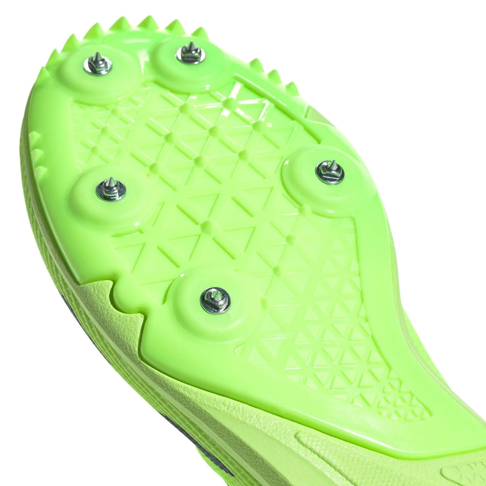 Forefoot spike plate on the right shoe from a pair of adidas Junior-Unisex Allroundstar Running Spikes in the Lucid Lemon/Arctic Night/Core Black colourway (8015782772898)