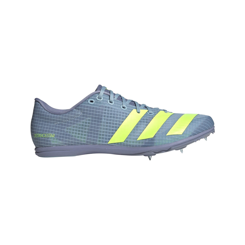 Lateral side of the right shoe from a pair of adidas Unisex Distancestar Distance Track Spikes in the Wonder Blue/Lucid Lemon/Silver Violet colourway (8015767404706)