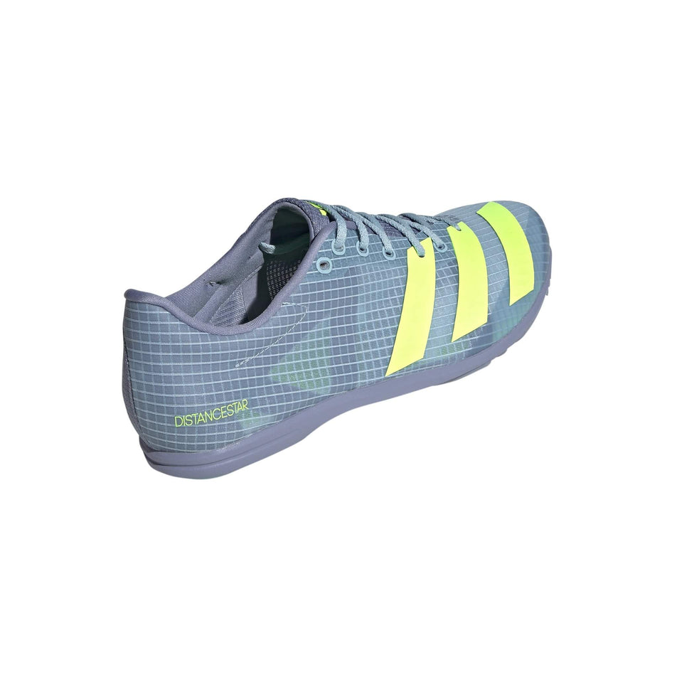 Lateral side of the right shoe from a pair of adidas Unisex Distancestar Distance Track Spikes in the Wonder Blue/Lucid Lemon/Silver Violet colourway (8015767404706)