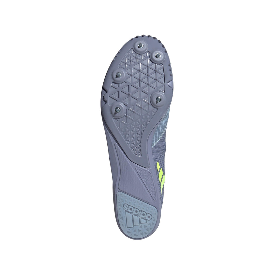 Outsole of the right shoe from a pair of adidas Unisex Distancestar Distance Track Spikes in the Wonder Blue/Lucid Lemon/Silver Violet colourway (8015767404706)