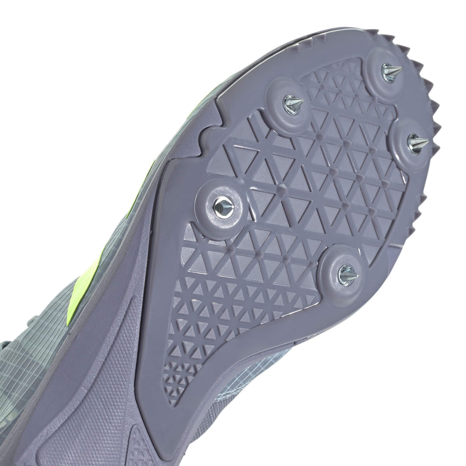 Spike plate on the forefoot of the right shoe from a pair of adidas Unisex Distancestar Distance Track Spikes in the Wonder Blue/Lucid Lemon/Silver Violet colourway (8015767404706)
