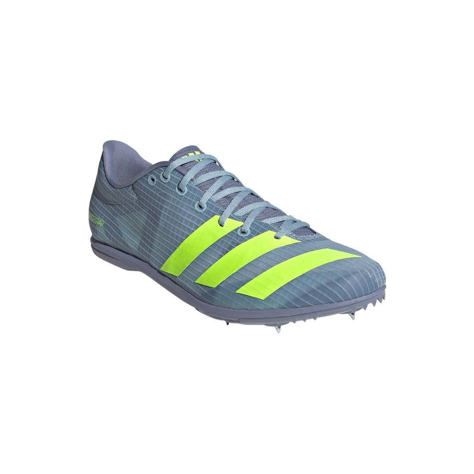 Lateral side of the right shoe from a pair of adidas Unisex Distancestar Distance Track Spikes in the Wonder Blue/Lucid Lemon/Silver Violet colourway (8015767404706)