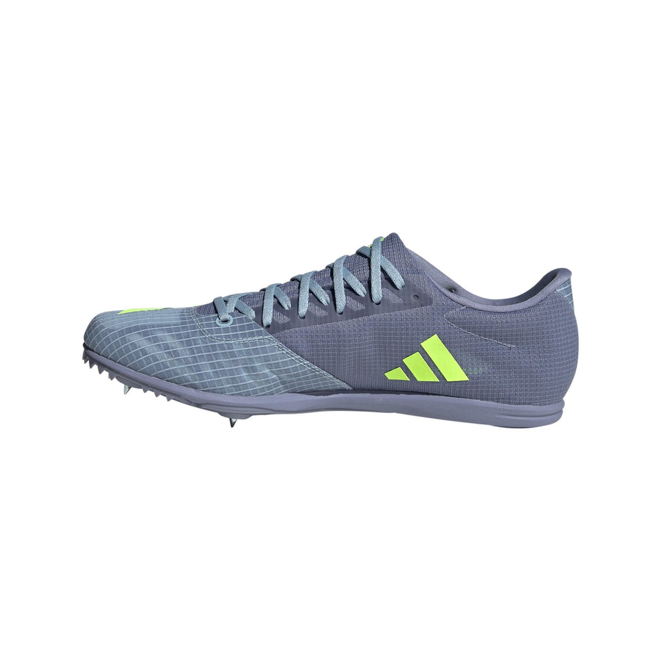 Medial side of the right shoe from a pair of adidas Unisex Distancestar Distance Track Spikes in the Wonder Blue/Lucid Lemon/Silver Violet colourway (8015767404706)