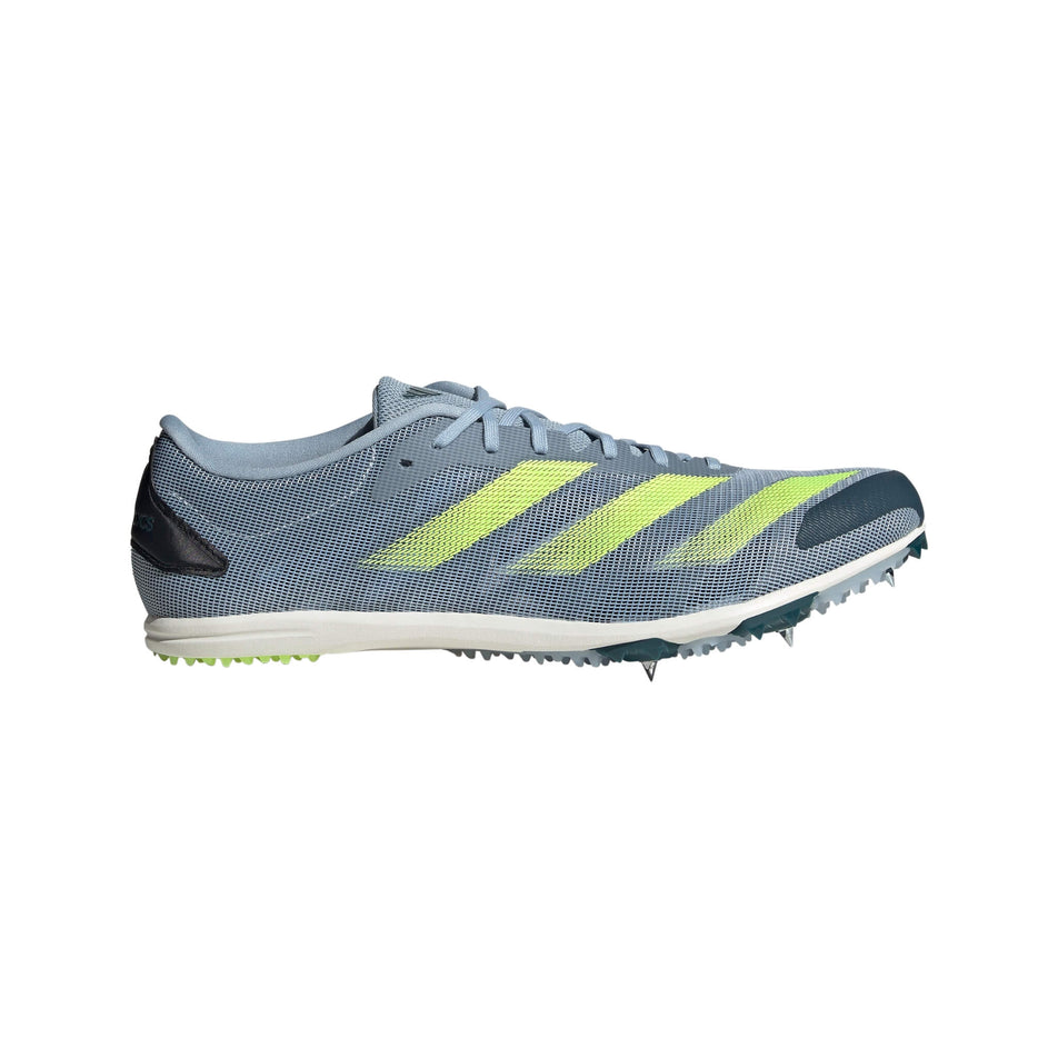 Lateral side of the right shoe from a pair of adidas unisex adizero XCS Running Spikes in the wonder blue/lucid lemon/arctic night colourway (8030093901986)