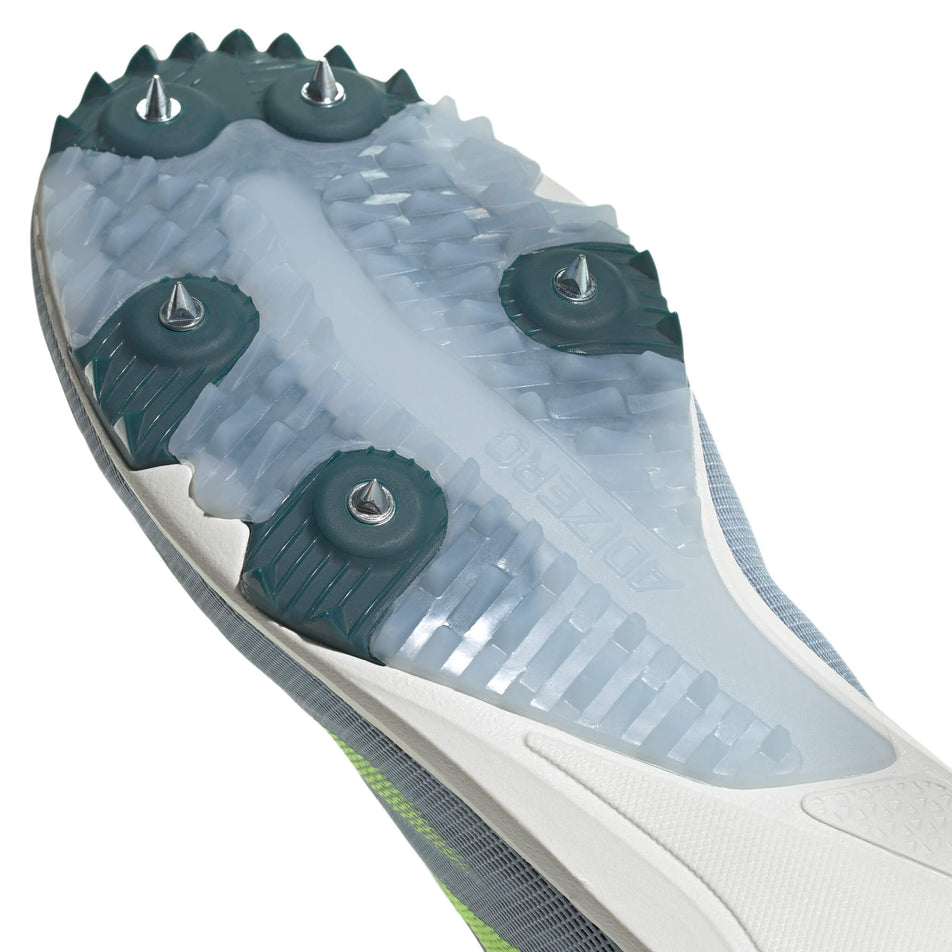 The spike plate on the forefoot of the right shoe from a pair of adidas unisex adizero XCS Running Spikes in the wonder blue/lucid lemon/arctic night colourway (8030093901986)