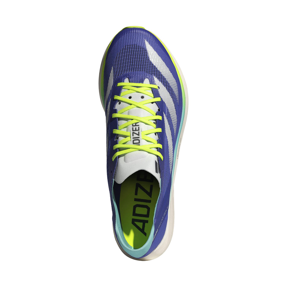Upper of the right shoe from a pair of adidas Men's Takumi Sen 10 Running Shoes in the Cobalt Blue/Zero Met./Lucid Lemon colourway. (8472619384994)