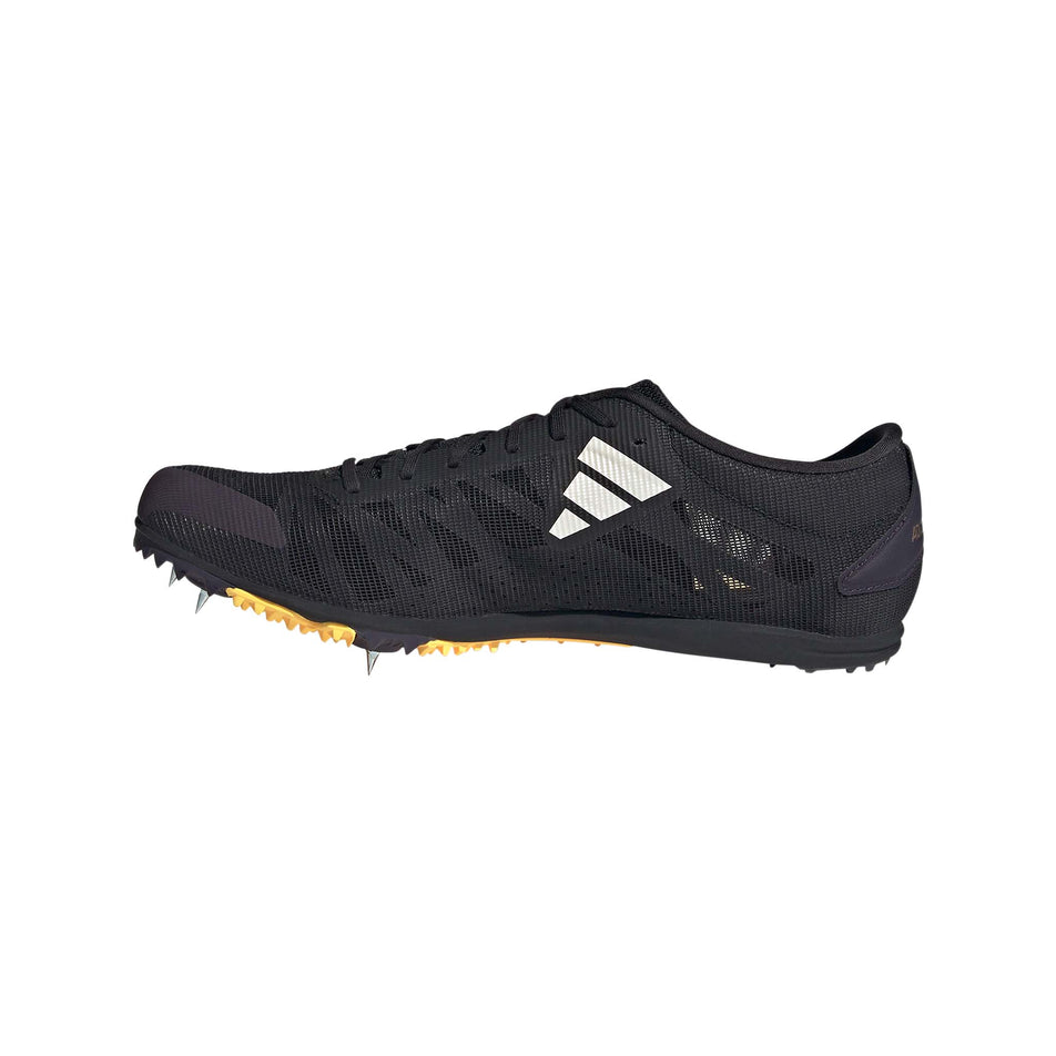 Media side of the right shoe from a pair of adidas Unisex adizero XCS Running Spikes in the core black/zero met./spark colourway. (8472647532706)