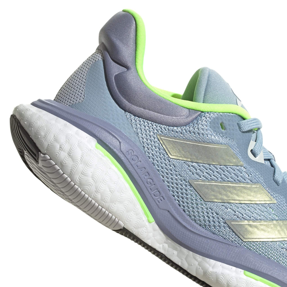 Lateral side of the back of the right shoe from a pair of adidas Women's Solarglide 6 Running Shoes in the Wonder Blue/Lucid Lemon/Lucid Lemon colourway (7969220362402)