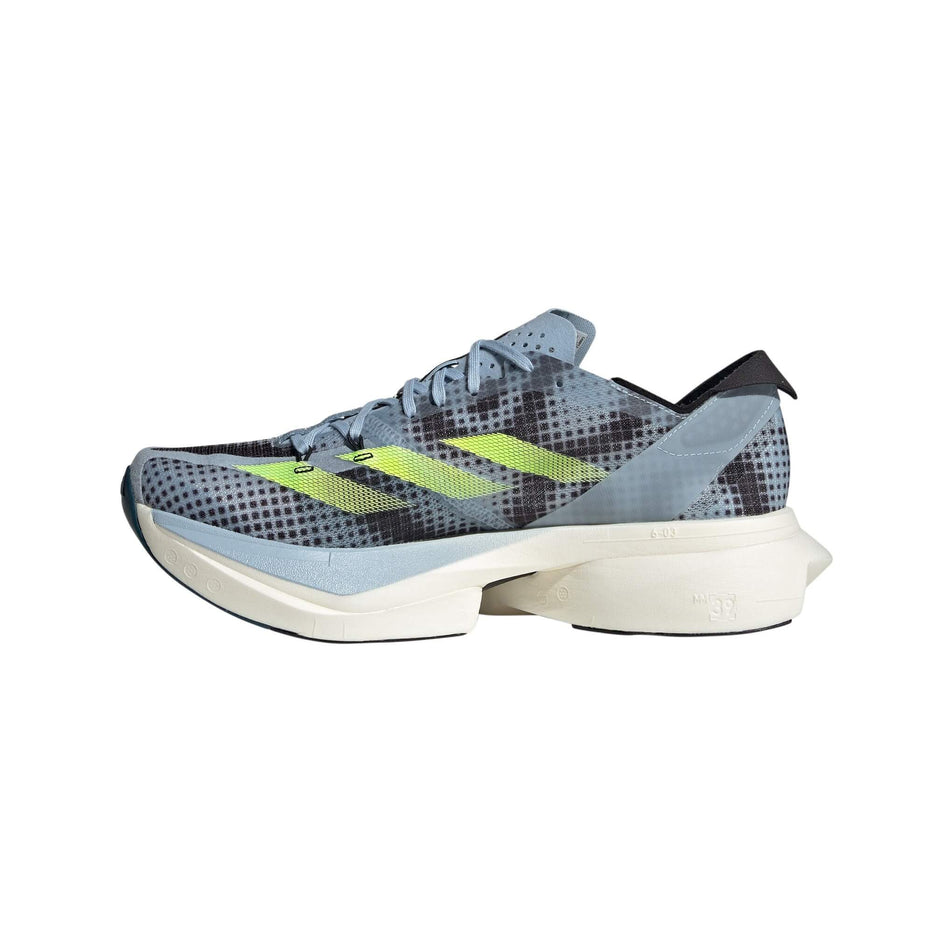 Medial side of the right shoe from a pair of adidas Unisex Adizero Adios Pro 3 Running Shoes in the Wonder Blue colourway (8003447160994)