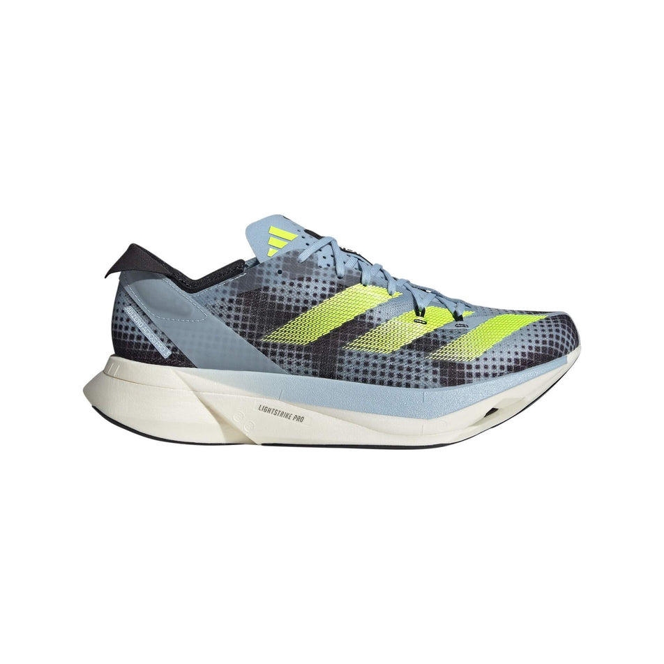 Lateral side of the right shoe from a pair of adidas Unisex Adizero Adios Pro 3 Running Shoes in the Wonder Blue colourway (8003447160994)