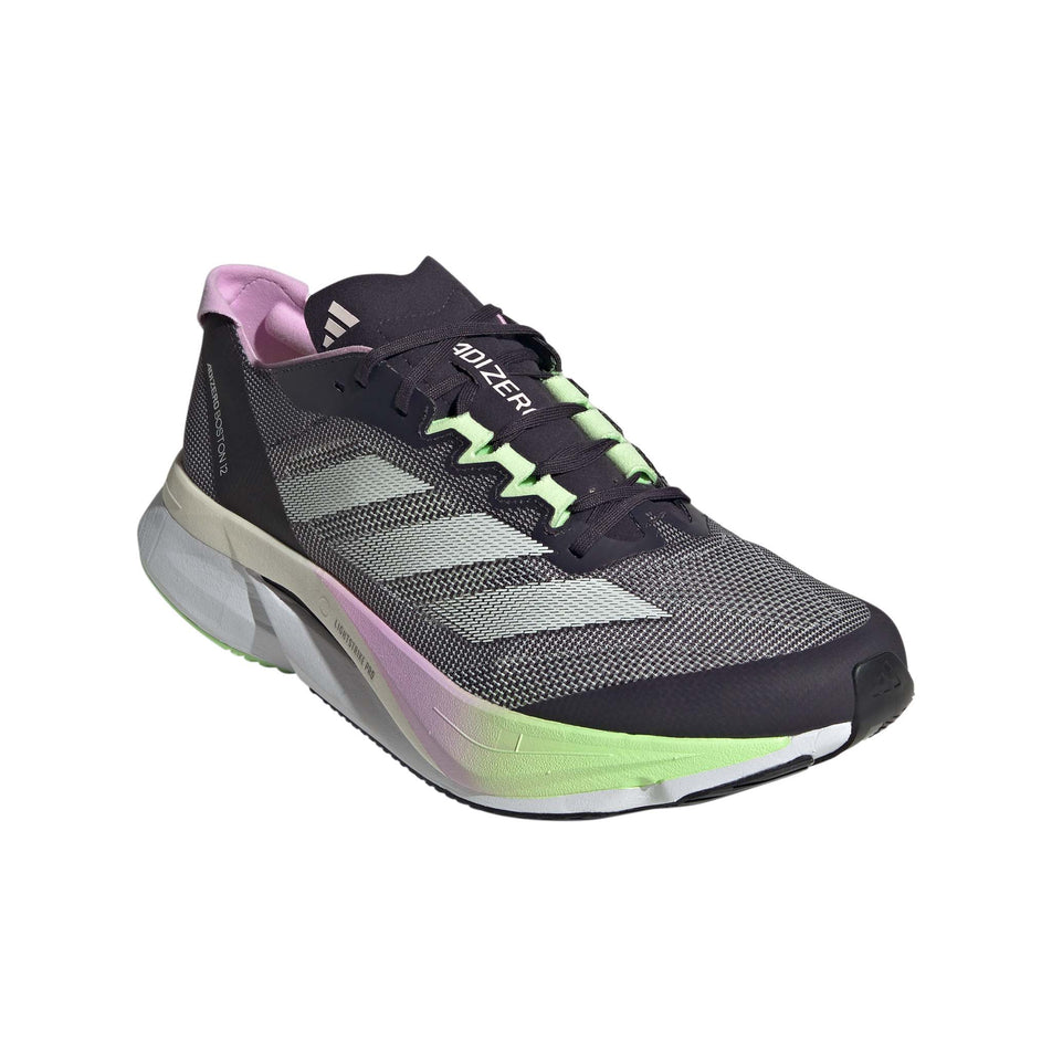 Lateral side of the right shoe from a pair of adidas Men's Adizero Boston 12 Running Shoes in the Aurora Black/Zero Met./Green Spark colourway (8115785924770)