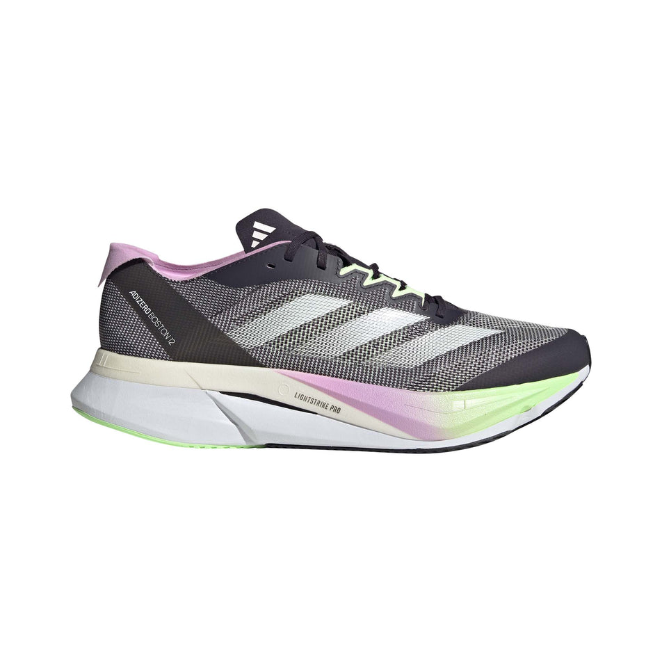 Lateral side of the right shoe from a pair of adidas Men's Adizero Boston 12 Running Shoes in the Aurora Black/Zero Met./Green Spark colourway (8115785924770)