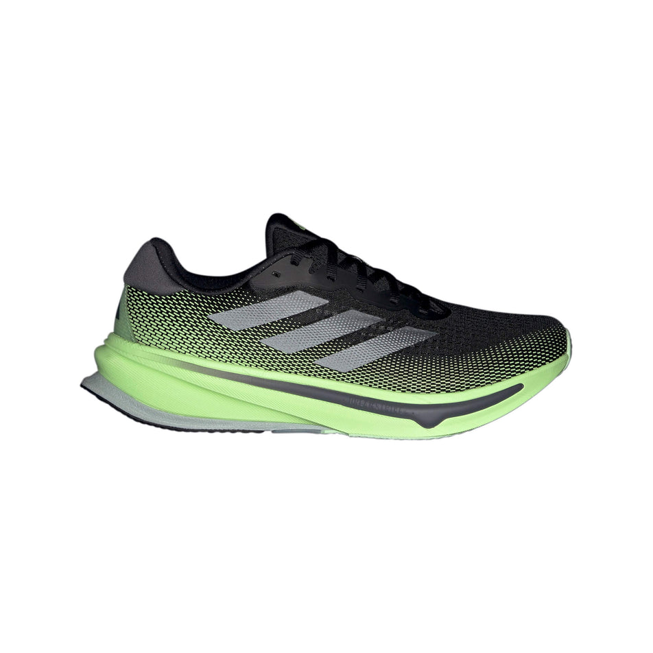 Lateral side of the right shoe from a pair of adidas Men's Supernova Rise Running Shoes in the Core Black/Grey Five/Green Spark colourway (8115581714594)