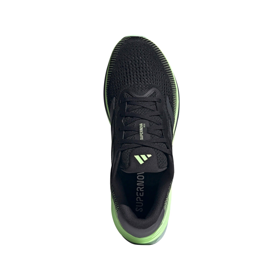The upper on the right shoe from a pair of adidas Men's Supernova Rise Running Shoes in the Core Black/Grey Five/Green Spark colourway (8115581714594)