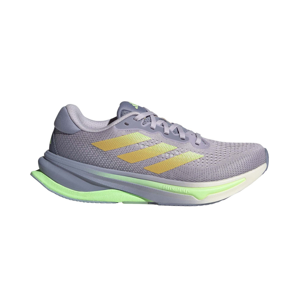Lateral side of the right shoe from a pair of adidas Women's Supernova Solution Running Shoes in the Silver Dawn/Spark/Green Spark colourway (8192147456162)