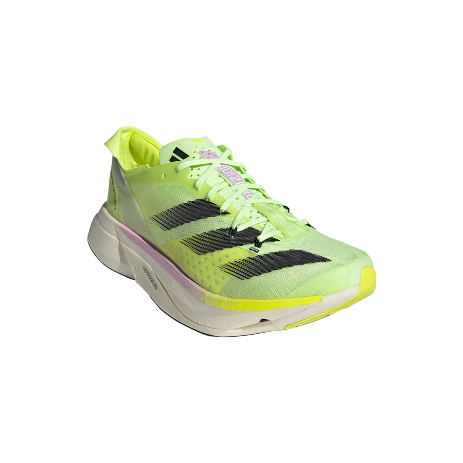 Lateral side of the right shoe from a pair of adidas Men's Adizero Adios Pro 3 Running Shoes in the Green Spark/Aurora Met./Lucid Lemon colourway (8115786842274)