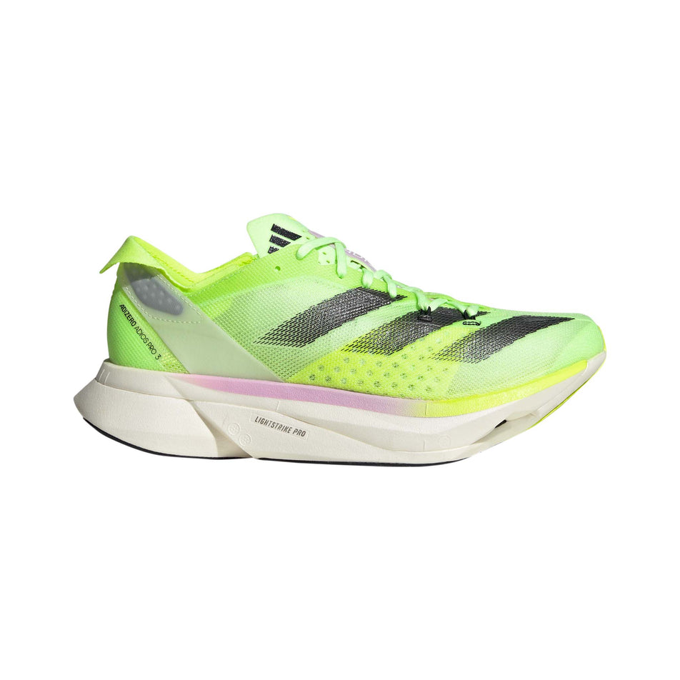 Lateral side of the right shoe from a pair of adidas Men's Adizero Adios Pro 3 Running Shoes in the Green Spark/Aurora Met./Lucid Lemon colourway (8115786842274)