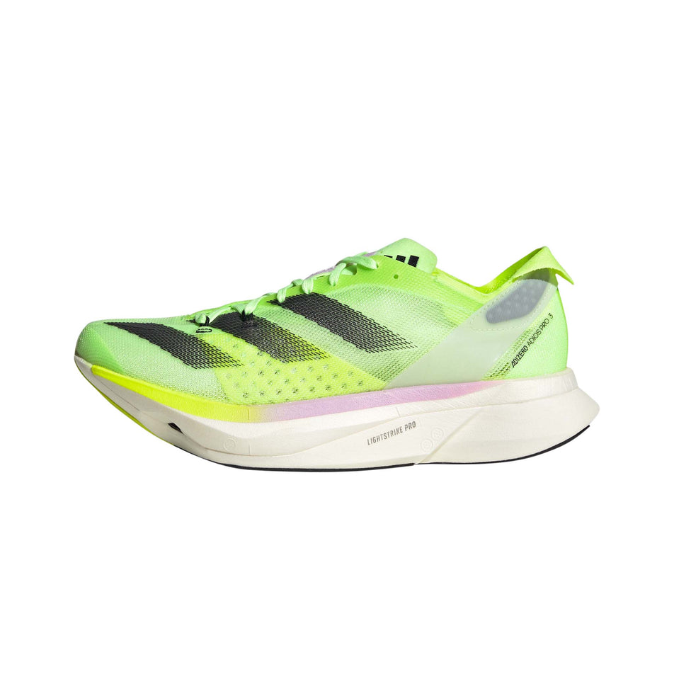 Lateral side of the left shoe from a pair of adidas Men's Adizero Adios Pro 3 Running Shoes in the Green Spark/Aurora Met./Lucid Lemon colourway (8115786842274)