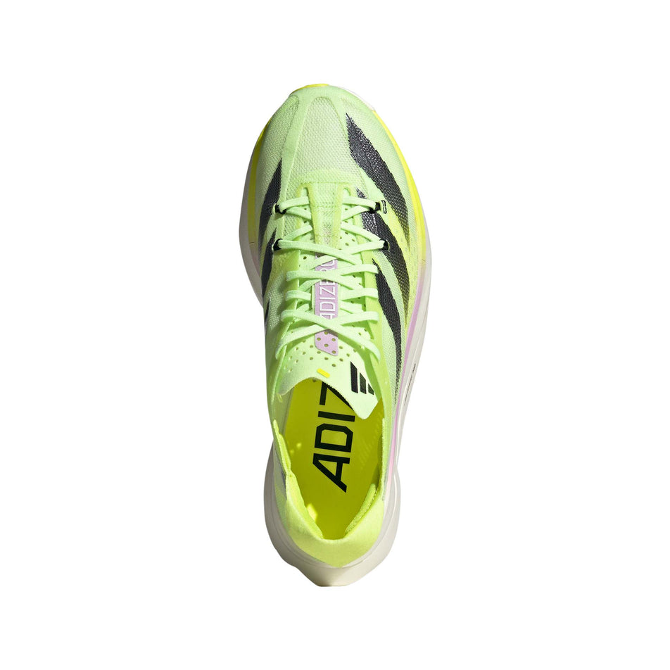 The upper of the right shoe from a pair of adidas Men's Adizero Adios Pro 3 Running Shoes in the Green Spark/Aurora Met./Lucid Lemon colourway (8115786842274)
