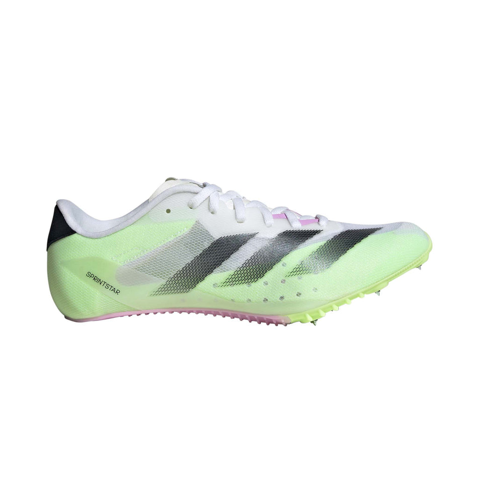 Lateral side of the right shoe from a pair of adidas Unisex Sprintstar Track Spikes in the Ftwr White/Core Black/Green Spark colourway (8151650336930)