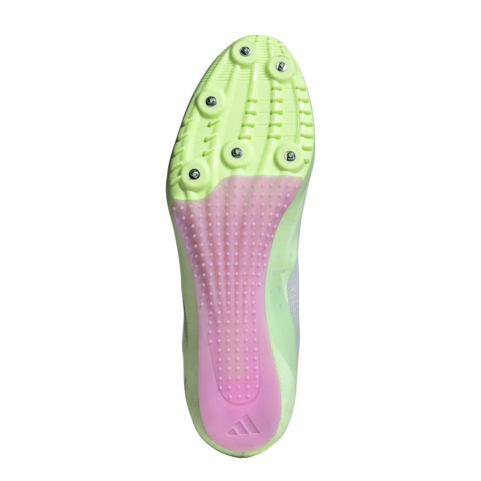 The outsole of the right shoe from a pair of adidas Unisex Sprintstar Track Spikes in the Ftwr White/Core Black/Green Spark colourway (8151650336930)