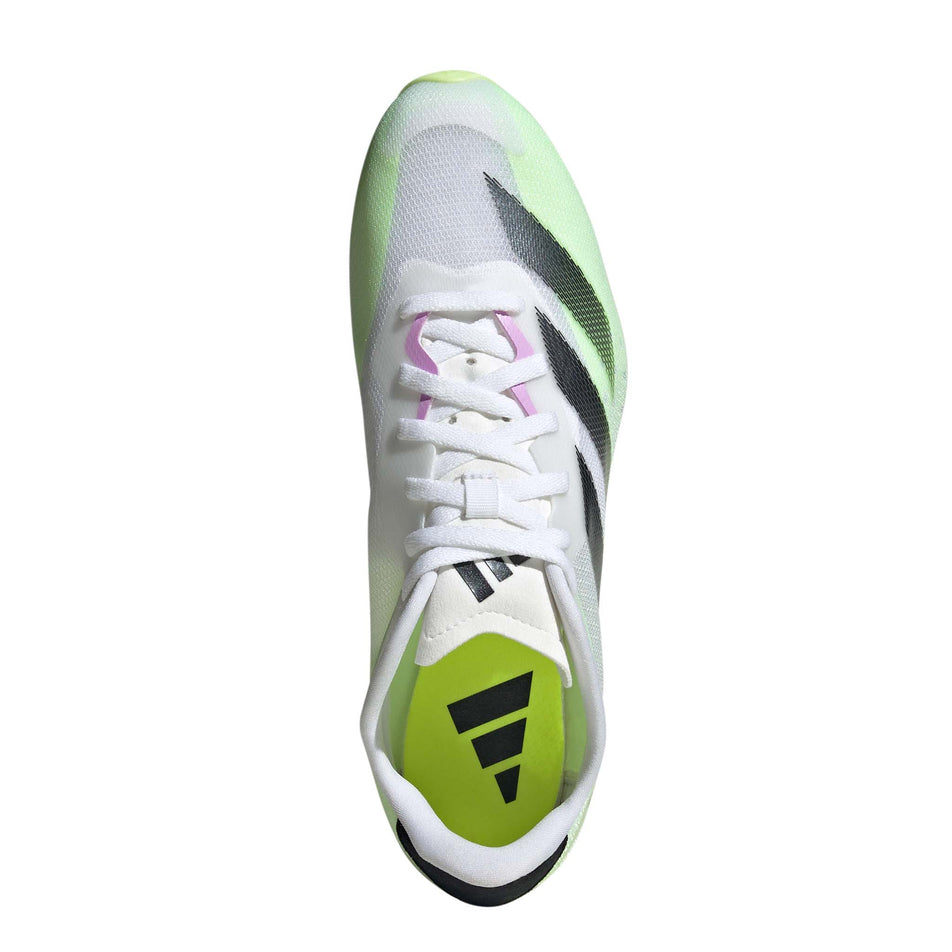 The upper of the right shoe from a pair of adidas Unisex Sprintstar Track Spikes in the Ftwr White/Core Black/Green Spark colourway (8151650336930)