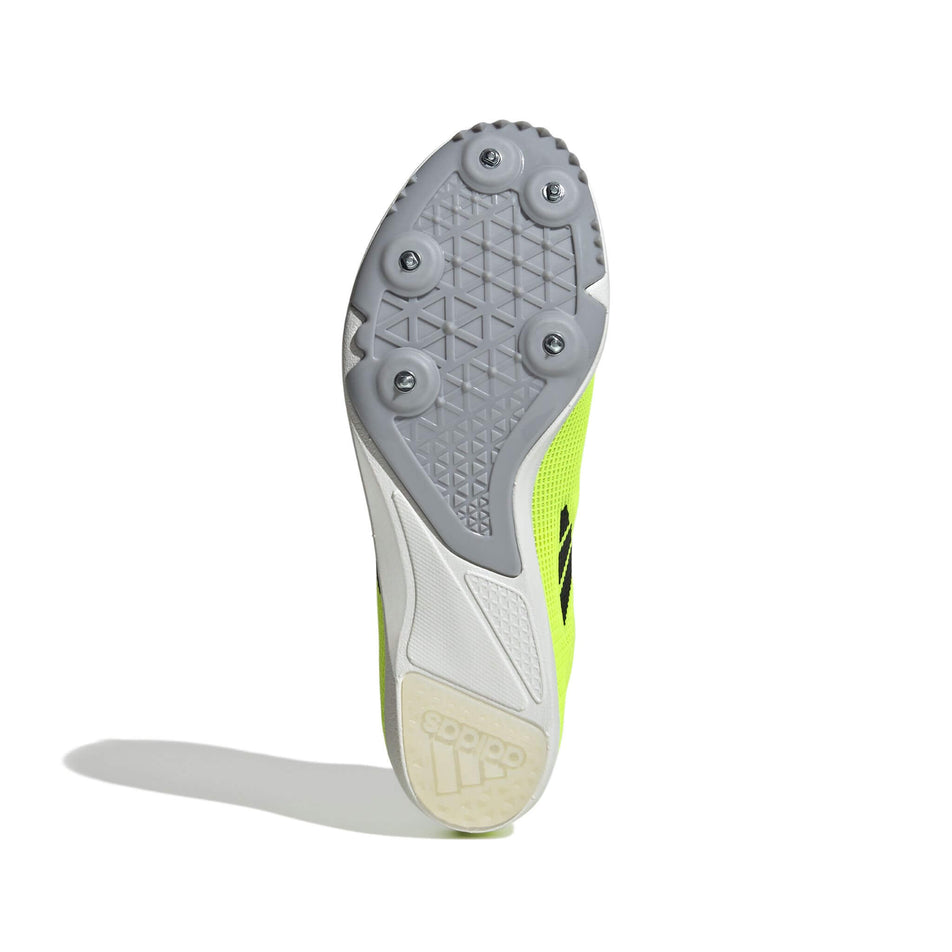 Outsole of the right shoe from a pair of adidas Junior-Unisex Allroundstar Running Spikes in the Lucid Lemon/Core Black/Halo Silver colourway. (8576035750050)