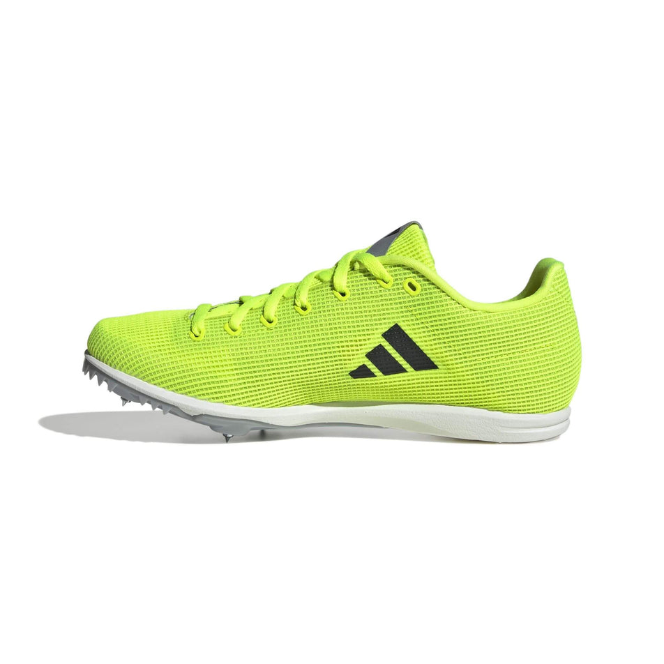 Medial side of the right shoe from a pair of adidas Junior-Unisex Allroundstar Running Spikes in the Lucid Lemon/Core Black/Halo Silver colourway. (8576035750050)