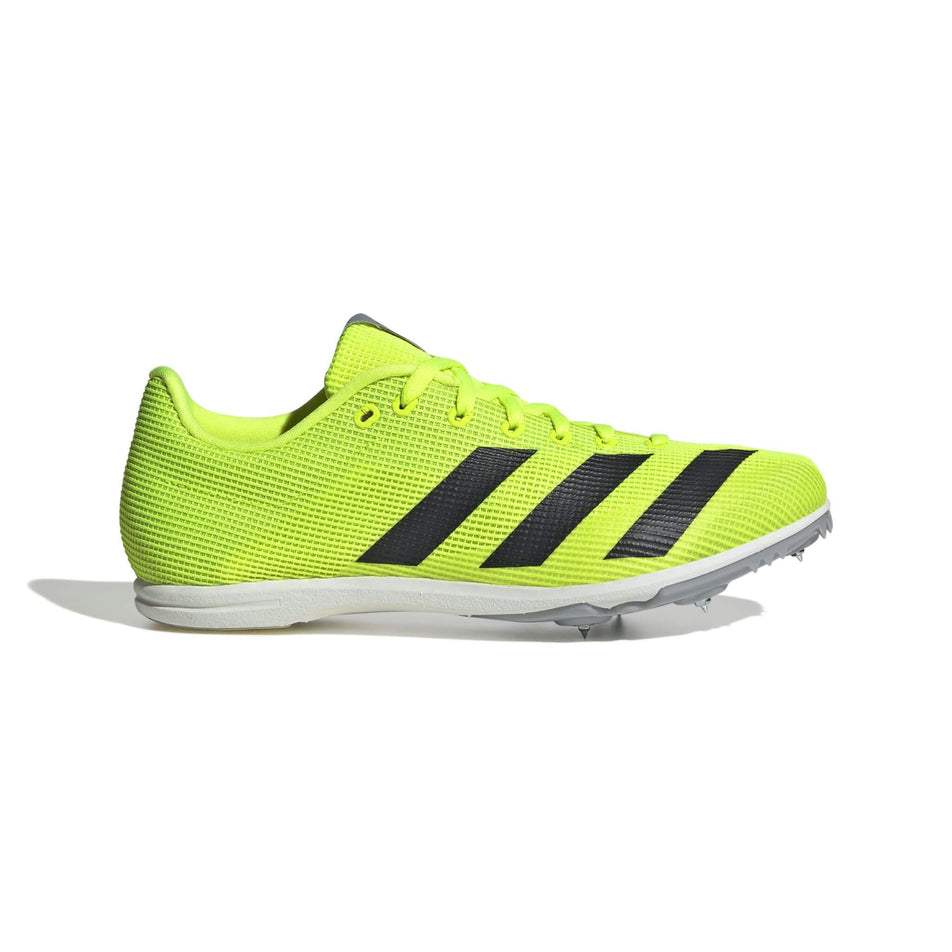 Lateral side of the right shoe from a pair of adidas Junior-Unisex Allroundstar Running Spikes in the Lucid Lemon/Core Black/Halo Silver colourway. (8576035750050)