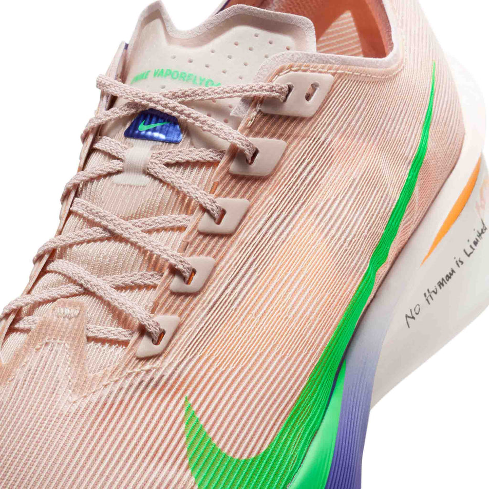 Close-up view of the upper of the left shoe from a pair of Nike Men's Vaporfly 4 