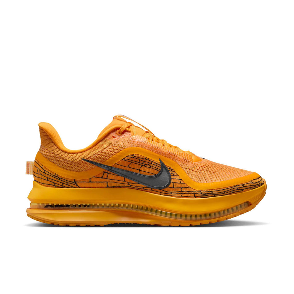 Lateral view of the right shoe from a pair of Nike Men's Pegasus Premium Road Running Shoes in the University Gold/Black-Laser Orange colourway. (8683467800738)