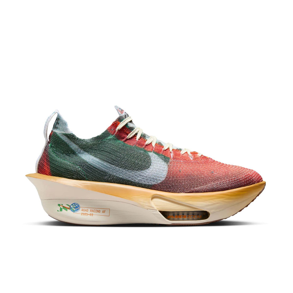 Lateral view of the right shoe from a pair of Nike Men's Alphafly 3 Premium Road Racing Shoes in the Multi-Color/Clear-Starfish-Aloe Verde  colourway. (8723627344034)