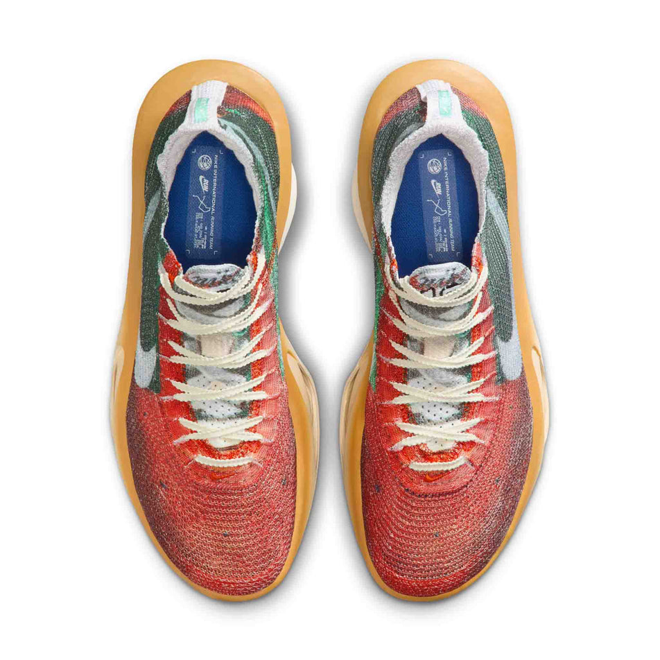 The uppers of a pair of Nike Men's Alphafly 3 Premium Road Racing Shoes in the Multi-Color/Clear-Starfish-Aloe Verde  colourway. (8723627344034)