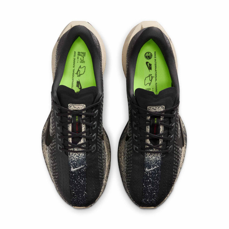 The uppers of a pair of Nike Men's Pegasus Plus Road Running Shoes in the Oatmeal/Black-Anthracite-Volt colourway. (8683765563554)