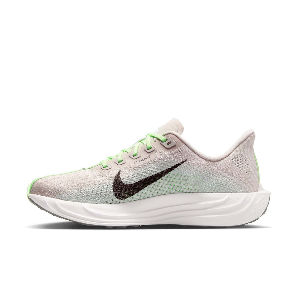 Medial view of the right shoe from a pair of Nike Women's Pegasus Plus Road Running Shoes in the Silt Red/Black-Barely Volt-Platinum Tint colourway. (8724641415330)