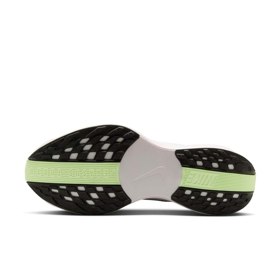 The outsole of the left shoe from a pair of Nike Women's Pegasus Plus Road Running Shoes in the Silt Red/Black-Barely Volt-Platinum Tint colourway. (8724641415330)