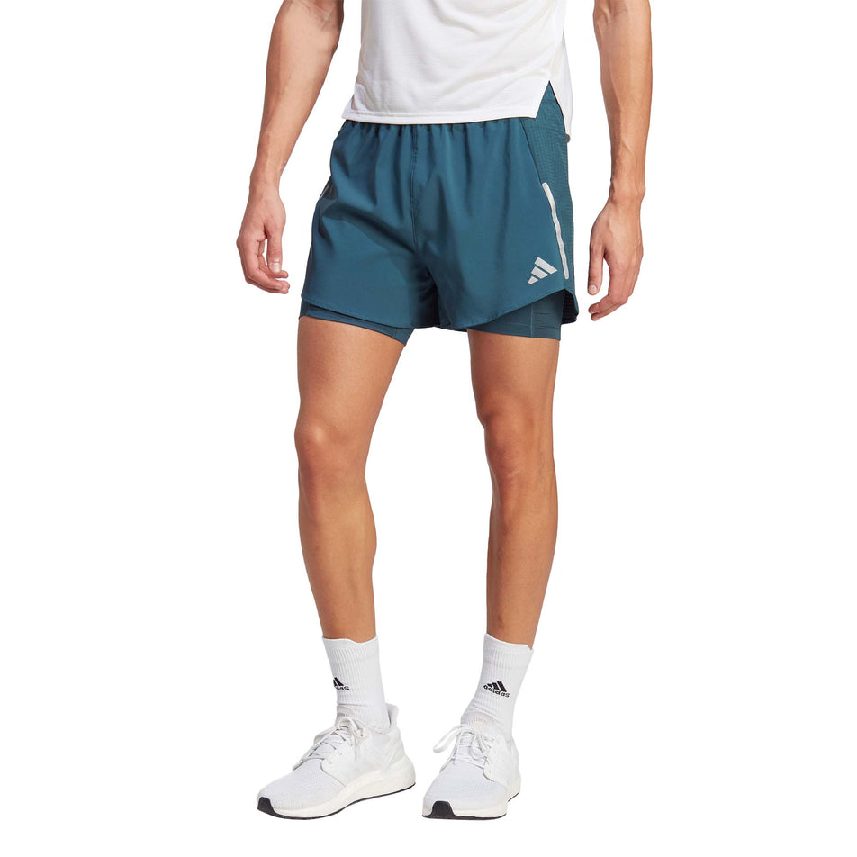 Front view of a model wearing a pair of adidas Men's Designed 4 Running 2-in-1 Shorts in the Arctic Night colourway (8005321064610)