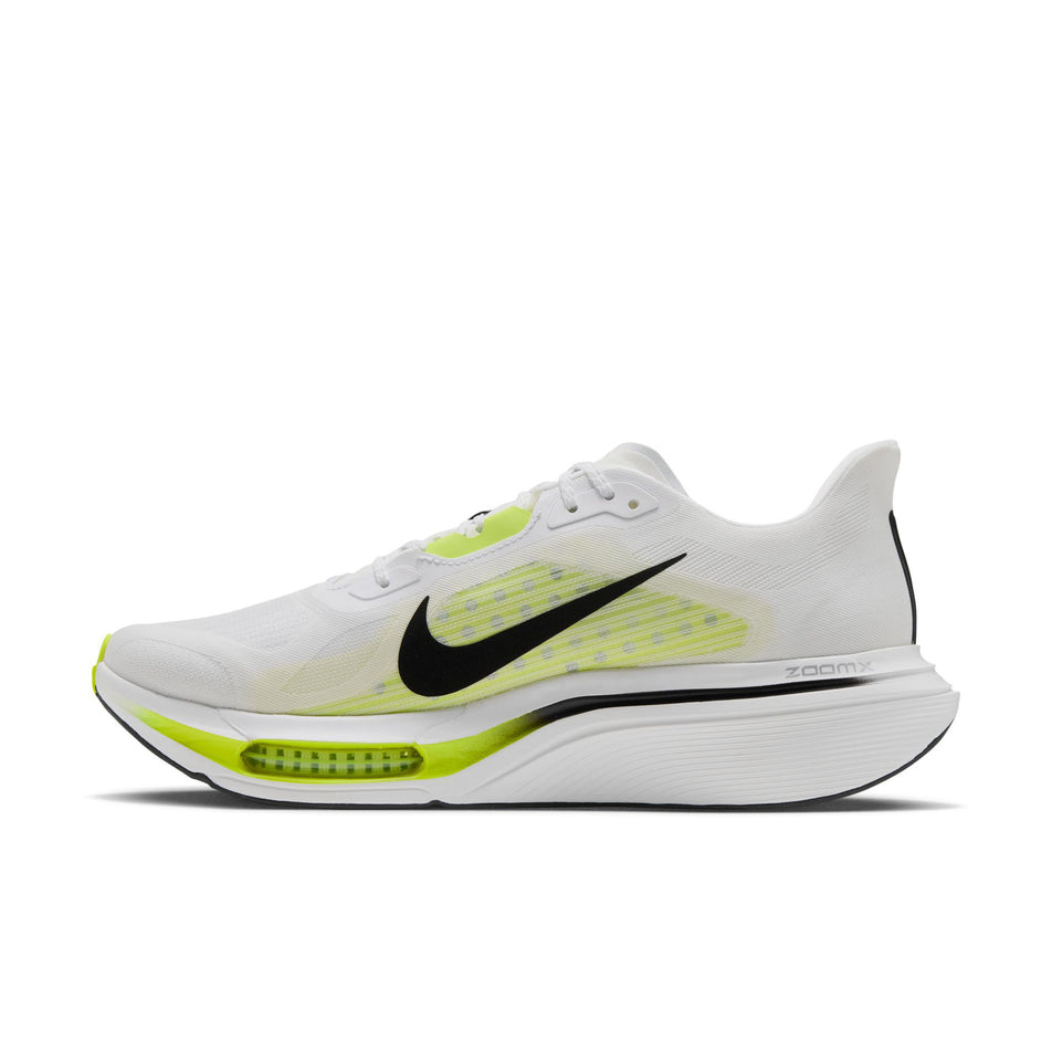 Medial view of the right shoe from a pair of Nike Men's Pegasus Plus 2 Road Running Shoes in the White/Black-Lemon Venom colourway.