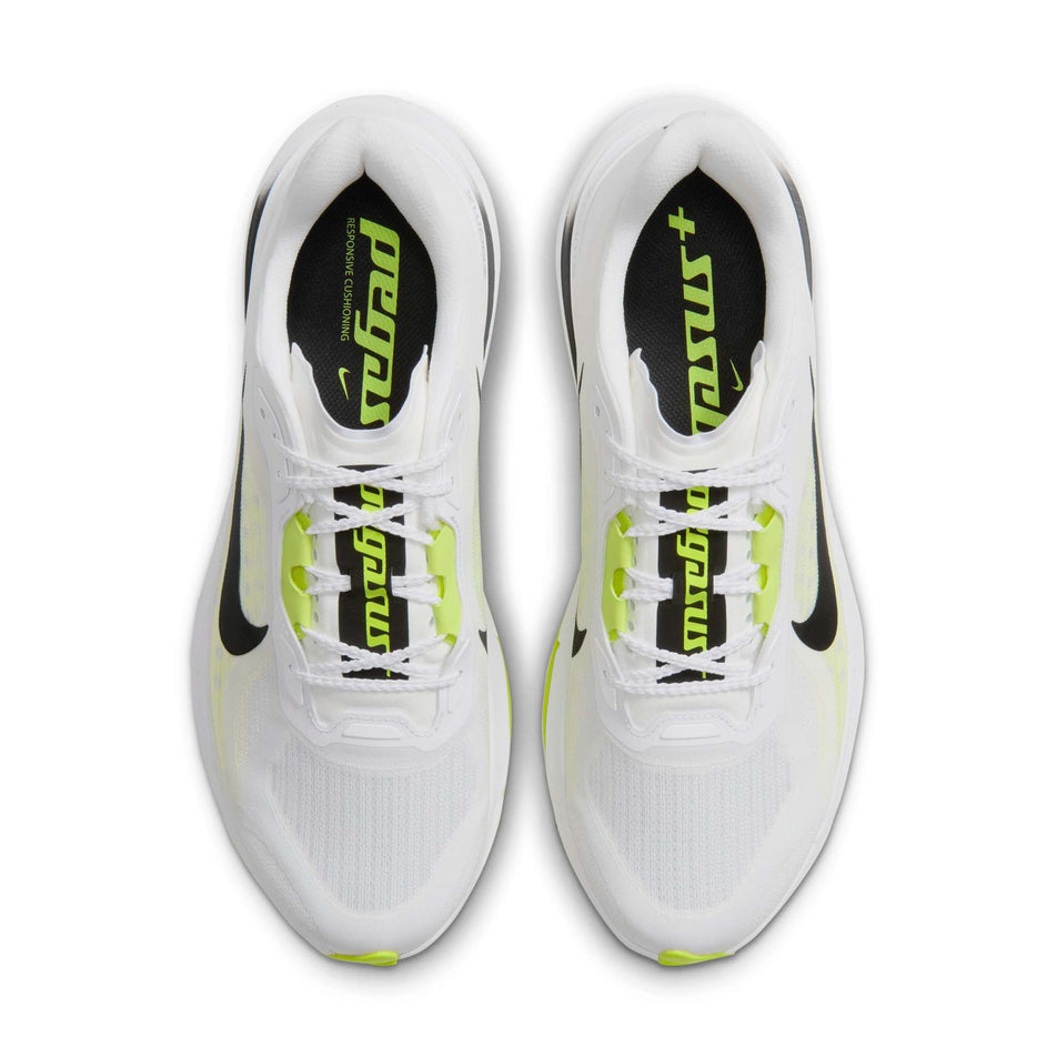The uppers of a pair of Nike Men's Pegasus Plus 2 Road Running Shoes in the White/Black-Lemon Venom colourway.