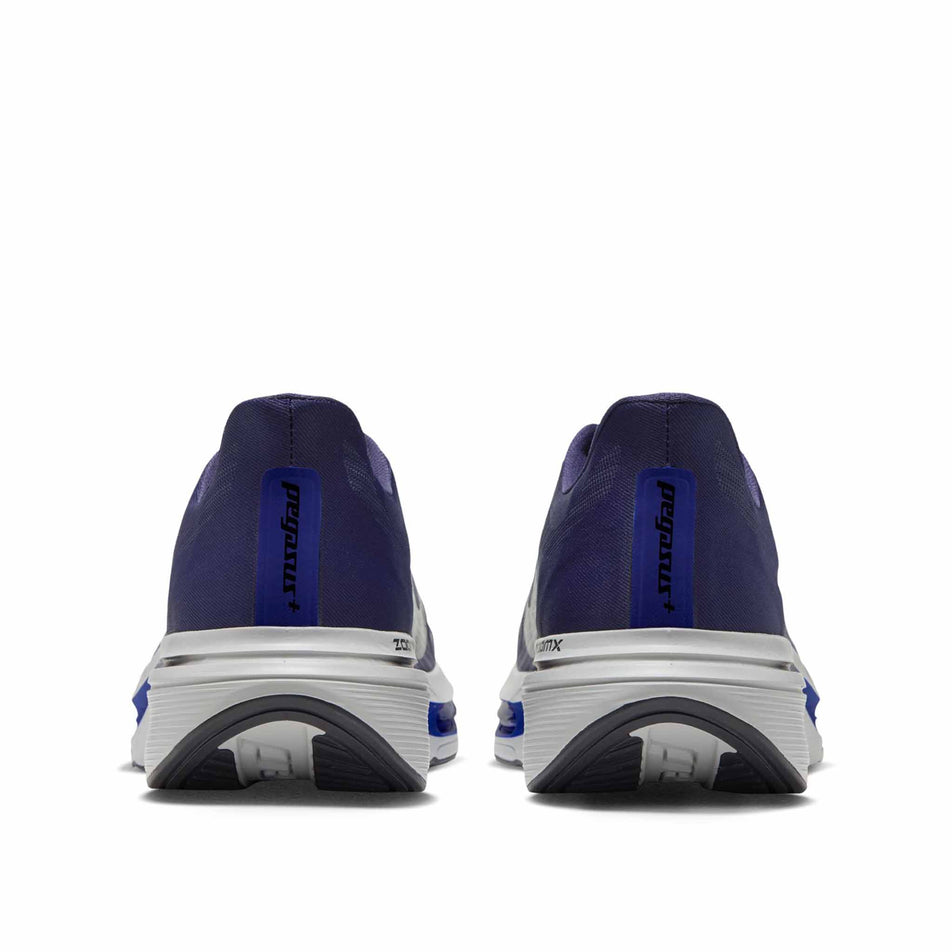 The back of a pair of Nike Men's Pegasus Plus 2 Road Running Shoes in the Midnight Navy/Black-Racer Blue-Grey Mist colourway.